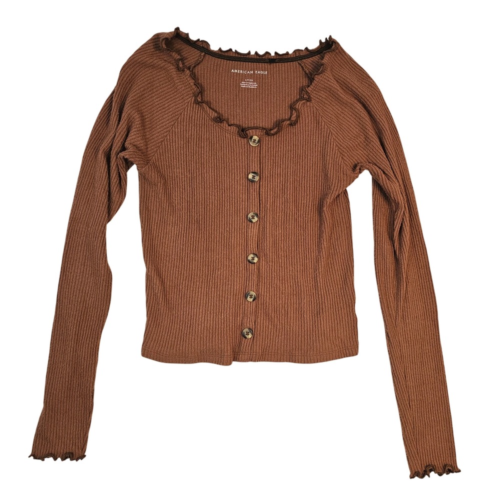 American Eagle Brown Ribbed Button Down Lettuce Edge Long Sleeve Top Small
